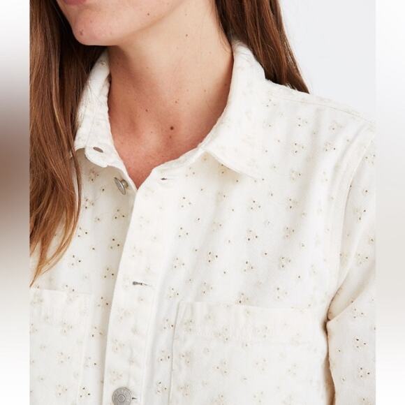 Madewell NWTs Embroidered Eyelet Denim Cream Button-Down Dress size small - Picture 2 of 10